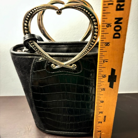 BRIGHTON Corazon Black Pebble Grain/Croc Embossed Bag W/Silver Heart Handles - Picture 9 of 12
